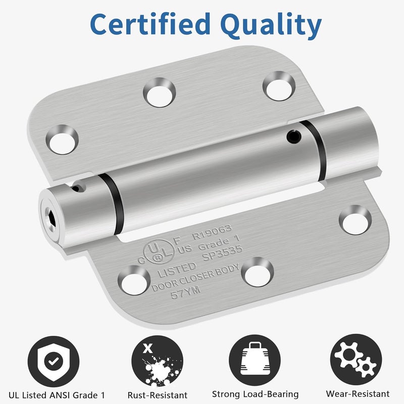IOQ 3.5 Inch Self Closing Door Hinges, 5/8" Radius Corners Spring Loaded Hinges for Interior Door, Bedroom, Pantry Door, UL Listed, for Left and Right Hand Door, Brushed Nickel, 1 Pack - Image 3